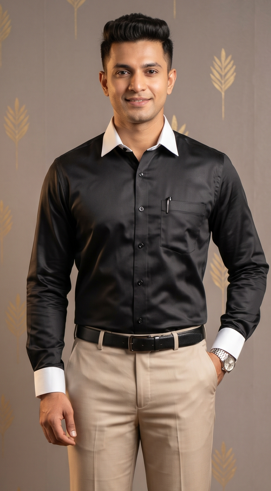 Premium Giza Cotton Black Shirt with White Collar & cuff